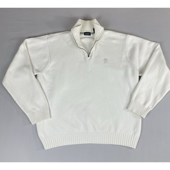 Izod 1/4 Zip Long Sleeve Sweater Men's Size L Ivory Collared Cotton Pullover - Picture 1 of 16